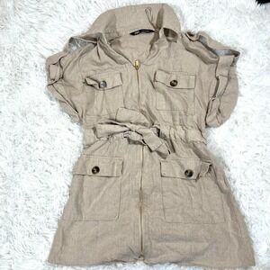 Zara Womens Mini‎ Dress Size S Beige Short Sleeve Collar Zip Up Belted Pockets S